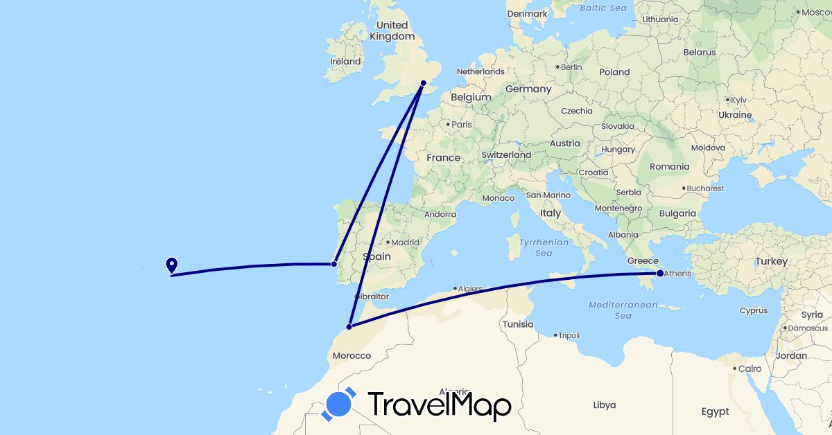 TravelMap itinerary: driving in United Kingdom, Greece, Morocco, Portugal (Africa, Europe)
